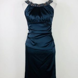 Navy satin sheath dress
